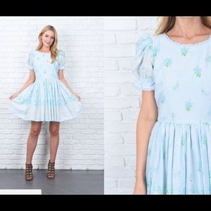 Vintage Puff Sleeve Blue Floral Dress